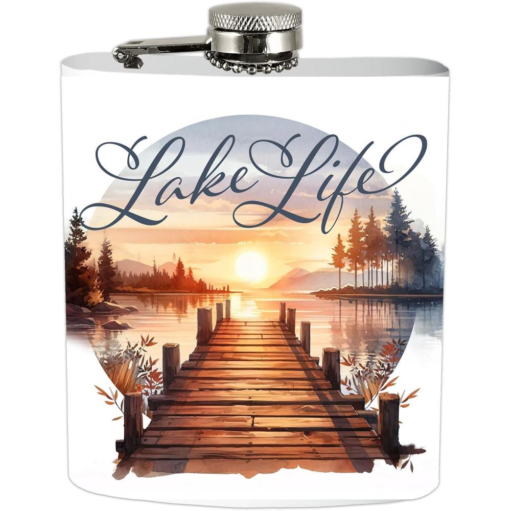 image:imageSpoontiques Lake Life Stainless Steel Hip Flask Functional Drinkware 7oz Liquid Capacity with Stainless Steel Refill Funnel 4 34 Tall Gift for Birthday Bachelor or Bachelorette Party