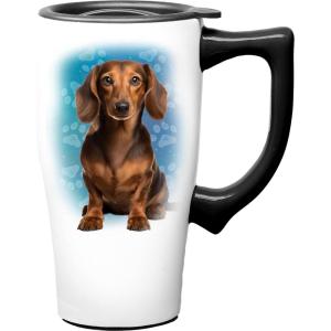Spoontiques Black Lab Ceramic Travel Coffee Mug with Lid and Handle – Spill Proof Lid – Double Walled Mug for Hot and Cold Beverages – Microwave and Dishwasher Safe(Dachshund)