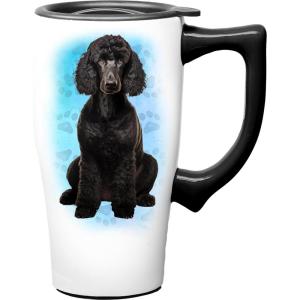 Spoontiques Black Lab Ceramic Travel Coffee Mug with Lid and Handle – Spill Proof Lid – Double Walled Mug for Hot and Cold Beverages – Microwave and Dishwasher Safe(Poodle)