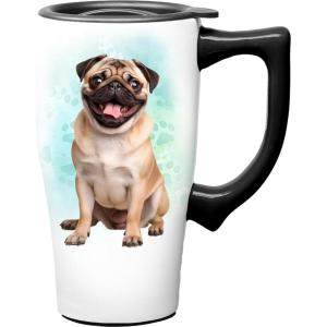 Spoontiques Black Lab Ceramic Travel Coffee Mug with Lid and Handle – Spill Proof Lid – Double Walled Mug for Hot and Cold Beverages – Microwave and Dishwasher Safe(Pug)