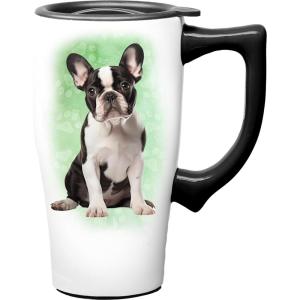 Spoontiques Black Lab Ceramic Travel Coffee Mug with Lid and Handle – Spill Proof Lid – Double Walled Mug for Hot and Cold Beverages – Microwave and Dishwasher Safe(French Bulldog)