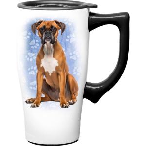 Spoontiques Black Lab Ceramic Travel Coffee Mug with Lid and Handle – Spill Proof Lid – Double Walled Mug for Hot and Cold Beverages – Microwave and Dishwasher Safe(Boxer)