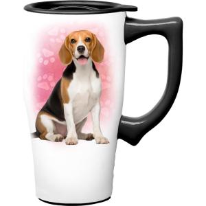 Spoontiques Black Lab Ceramic Travel Coffee Mug with Lid and Handle – Spill Proof Lid – Double Walled Mug for Hot and Cold Beverages – Microwave and Dishwasher Safe(Beagle)