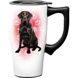 Spoontiques Black Lab Ceramic Travel Coffee Mug with Lid and Handle – Spill Proof Lid – Double Walled Mug for Hot and Cold Beverages – Microwave and Dishwasher Safe(Black Lab)
