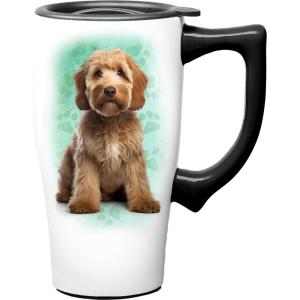 Spoontiques Black Lab Ceramic Travel Coffee Mug with Lid and Handle – Spill Proof Lid – Double Walled Mug for Hot and Cold Beverages – Microwave and Dishwasher Safe(Doodle)