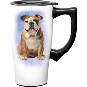 Spoontiques Black Lab Ceramic Travel Coffee Mug with Lid and Handle – Spill Proof Lid – Double Walled Mug for Hot and Cold Beverages – Microwave and Dishwasher Safe(Bulldog)