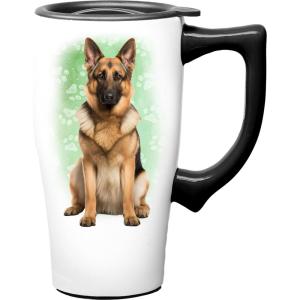 Spoontiques Black Lab Ceramic Travel Coffee Mug with Lid and Handle – Spill Proof Lid – Double Walled Mug for Hot and Cold Beverages – Microwave and Dishwasher Safe(German Shepherd)