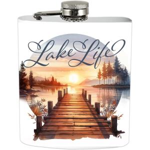 Spoontiques Lake Life Stainless Steel Hip Flask – Functional Drinkware – 7oz Liquid Capacity with Stainless Steel Refill Funnel – 4 3/4″ Tall – Gift for Birthday, Bachelor or Bachelorette Party