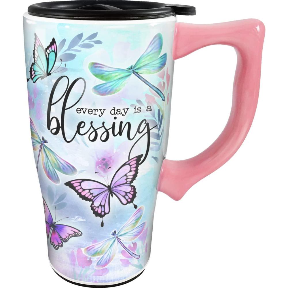 image:imageSpoontiques Ceramic Travel Coffee Mug with Lid and Handle Spill Proof Lid Double Walled Mug for Hot and Cold Beverages Microwave and Dishwasher Safe Everyday Is A Blessing Travel Mug