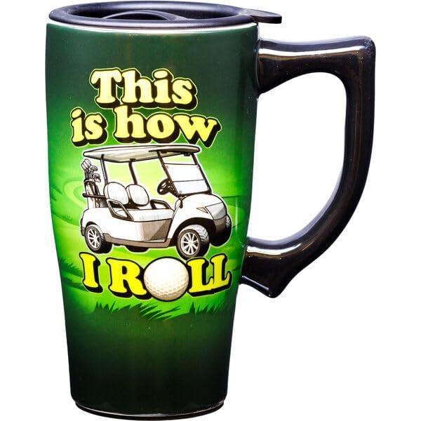 image:imageSpoontiques How I Roll Ceramic Travel Coffee Mug with Lid and Handle Spill Proof Lid Double Walled Mug for Hot and Cold Beverages Microwave and Dishwasher SafeHow I Roll