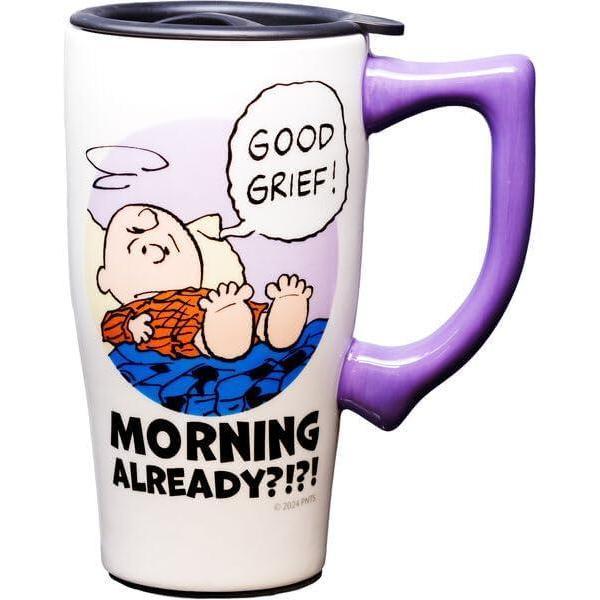 image:imageSpoontiques How I Roll Ceramic Travel Coffee Mug with Lid and Handle Spill Proof Lid Double Walled Mug for Hot and Cold Beverages Microwave and Dishwasher SafePeanuts Good Grief