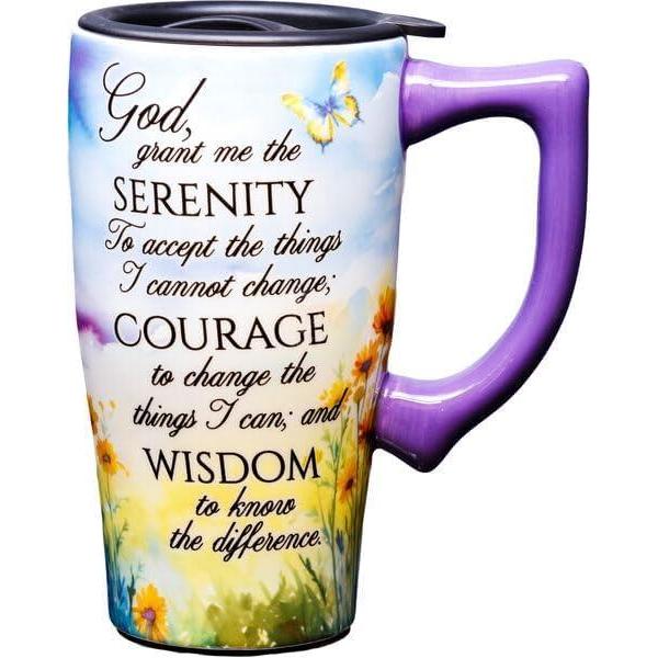 image:imageSpoontiques How I Roll Ceramic Travel Coffee Mug with Lid and Handle Spill Proof Lid Double Walled Mug for Hot and Cold Beverages Microwave and Dishwasher SafeSerenity Prayer