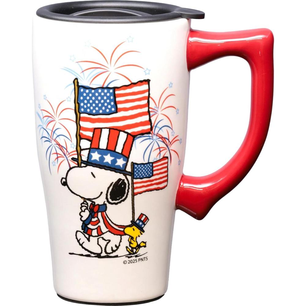 image:imageSpoontiques Snoopy Free Hugs Ceramic Travel Coffee Mug with Lid and Handle  Peanuts Double Walled Mug for Hot and Cold Beverages  Microwave and Dishwasher Safe Spill Proof LidSnoopy Americana
