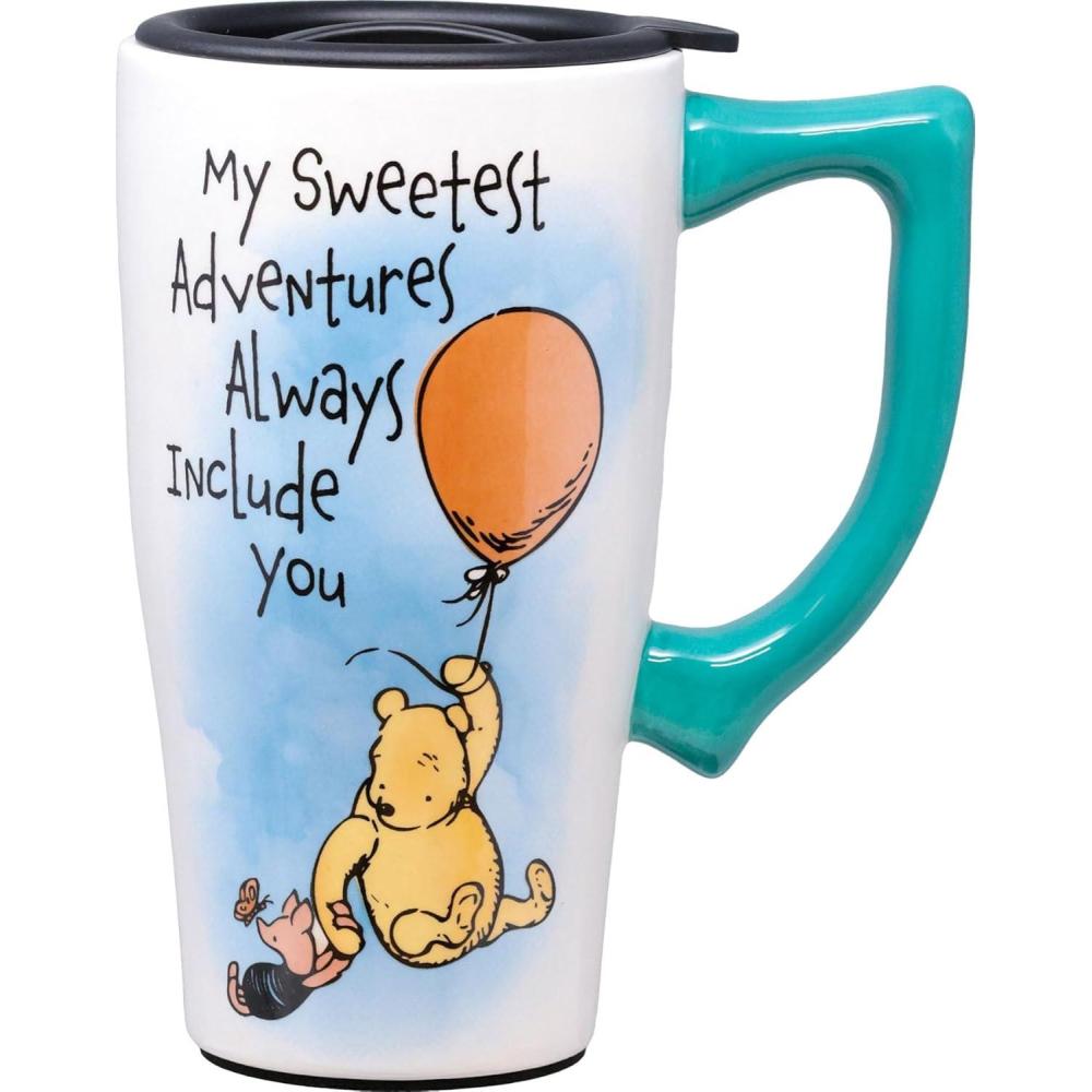 image:imageSpoontiques Snoopy Free Hugs Ceramic Travel Coffee Mug with Lid and Handle  Peanuts Double Walled Mug for Hot and Cold Beverages  Microwave and Dishwasher Safe Spill Proof LidPooh Adventure