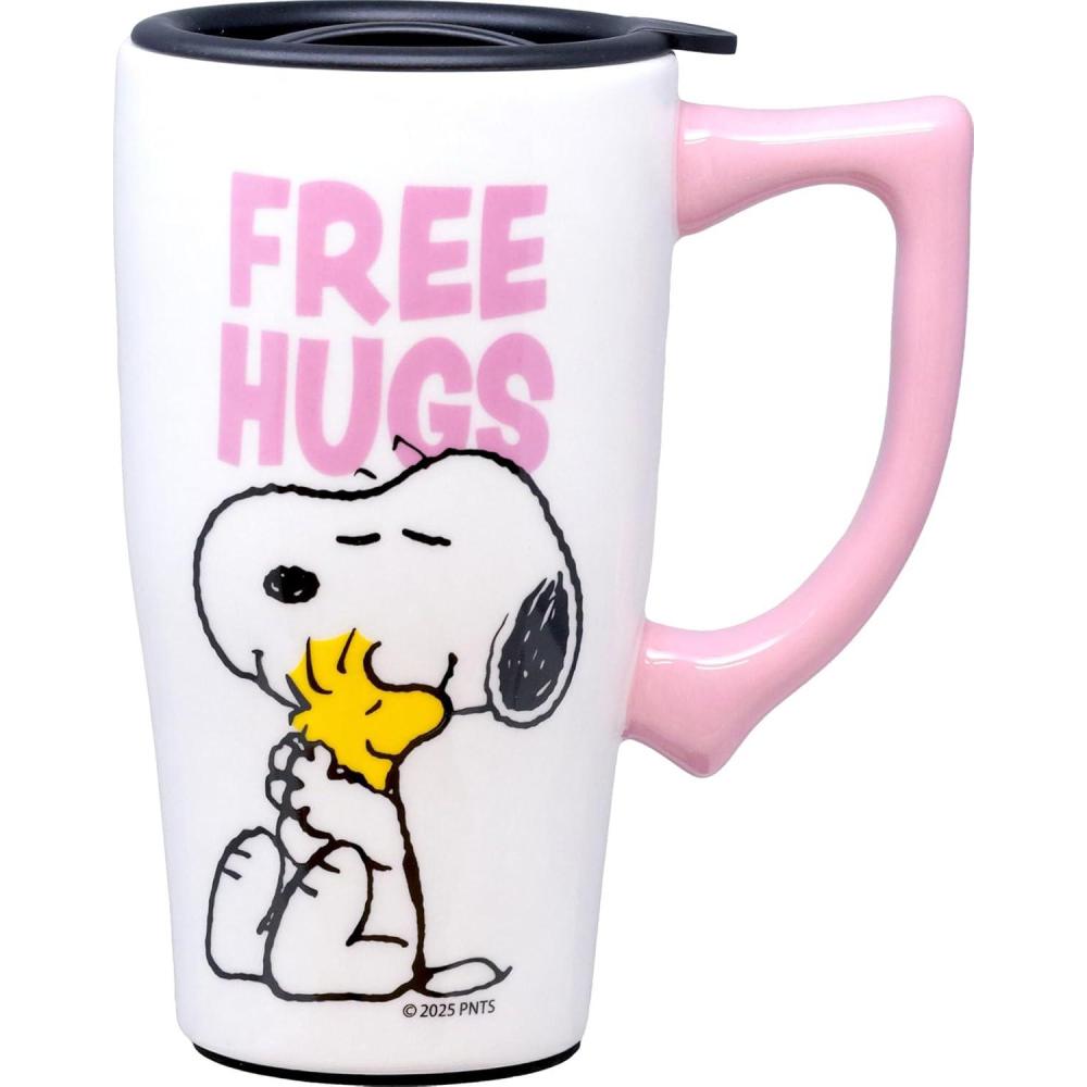 image:imageSpoontiques Snoopy Free Hugs Ceramic Travel Coffee Mug with Lid and Handle  Peanuts Double Walled Mug for Hot and Cold Beverages  Microwave and Dishwasher Safe Spill Proof LidSnoopy Free Hugs
