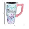 Spoontiques – Ceramic Travel Coffee Mug with Lid and Handle – Spill Proof Lid – Double Walled Mug for Hot and Cold Beverages – Microwave and Dishwasher Safe – Everyday Is A Blessing Travel Mug