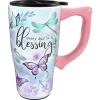 Spoontiques – Ceramic Travel Coffee Mug with Lid and Handle – Spill Proof Lid – Double Walled Mug for Hot and Cold Beverages – Microwave and Dishwasher Safe – Everyday Is A Blessing Travel Mug