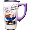 Spoontiques How I Roll Ceramic Travel Coffee Mug with Lid and Handle – Spill Proof Lid – Double Walled Mug for Hot and Cold Beverages – Microwave and Dishwasher Safe(Peanuts Good Grief)