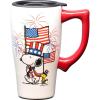 Spoontiques Snoopy Free Hugs Ceramic Travel Coffee Mug with Lid and Handle – Peanuts Double Walled Mug for Hot and Cold Beverages – Microwave and Dishwasher Safe, Spill Proof Lid(Snoopy Americana)