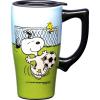 Spoontiques Snoopy Free Hugs Ceramic Travel Coffee Mug with Lid and Handle – Peanuts Double Walled Mug for Hot and Cold Beverages – Microwave and Dishwasher Safe, Spill Proof Lid(Snoopy Soccer)