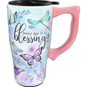 Spoontiques – Ceramic Travel Coffee Mug with Lid and Handle – Spill Proof Lid – Double Walled Mug for Hot and Cold Beverages – Microwave and Dishwasher Safe – Everyday Is A Blessing Travel Mug