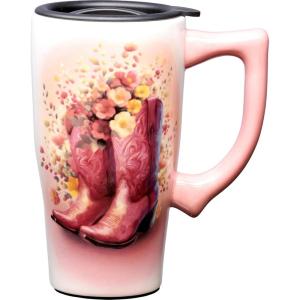Spoontiques Snoopy Free Hugs Ceramic Travel Coffee Mug with Lid and Handle – Peanuts Double Walled Mug for Hot and Cold Beverages – Microwave and Dishwasher Safe, Spill Proof Lid(Cowgirl Boots)
