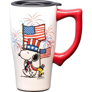 Spoontiques Snoopy Free Hugs Ceramic Travel Coffee Mug with Lid and Handle – Peanuts Double Walled Mug for Hot and Cold Beverages – Microwave and Dishwasher Safe, Spill Proof Lid(Snoopy Americana)