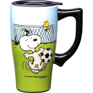 Spoontiques Snoopy Free Hugs Ceramic Travel Coffee Mug with Lid and Handle – Peanuts Double Walled Mug for Hot and Cold Beverages – Microwave and Dishwasher Safe, Spill Proof Lid(Snoopy Soccer)