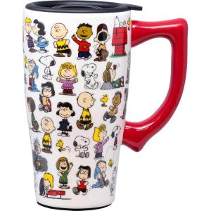 Spoontiques Snoopy Free Hugs Ceramic Travel Coffee Mug with Lid and Handle – Peanuts Double Walled Mug for Hot and Cold Beverages – Microwave and Dishwasher Safe, Spill Proof Lid(Peanuts)