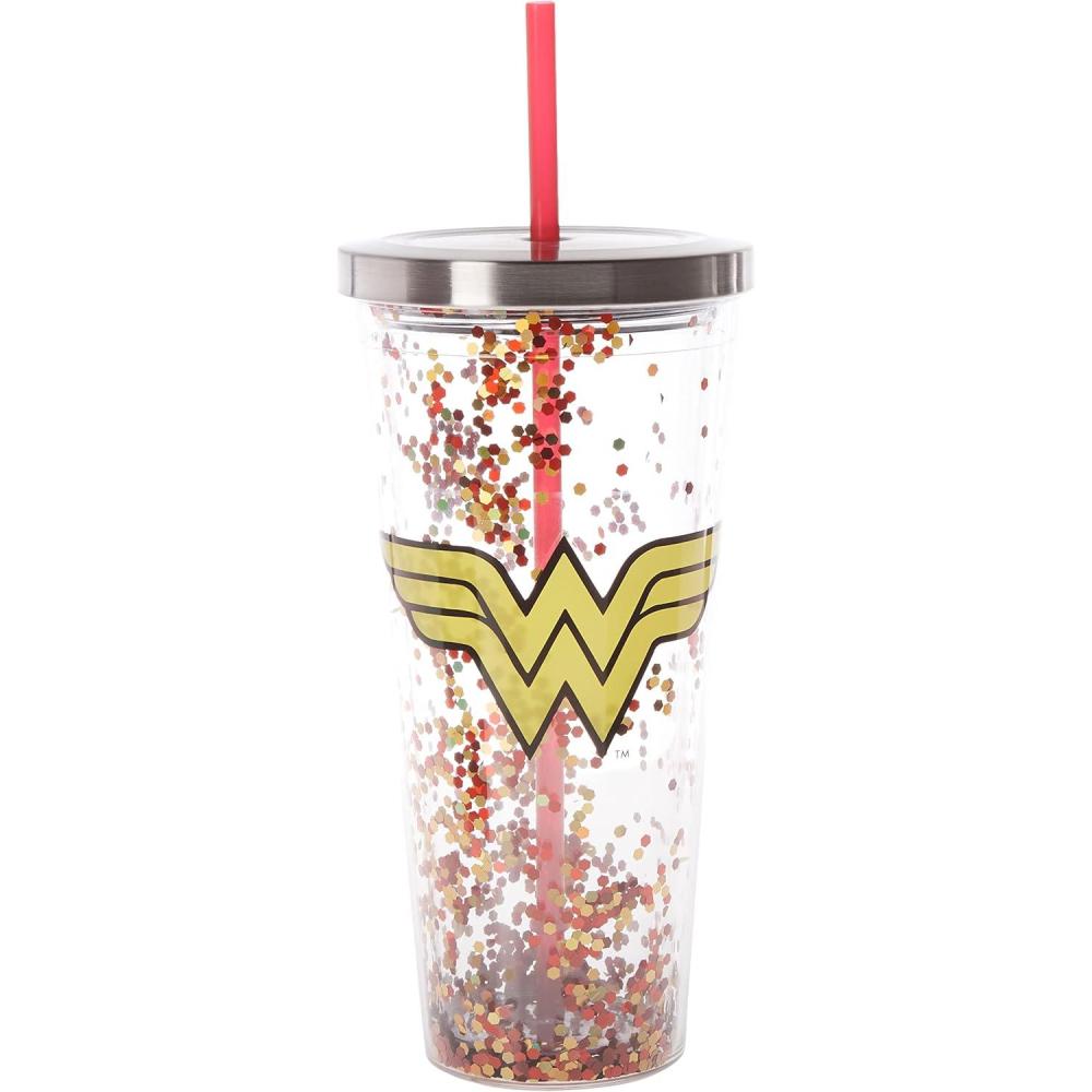 image:imageSpoontiques 21337 Wonder Woman Logo Glitter Cup wStraw One Size Red amp Gold 20 ounces
