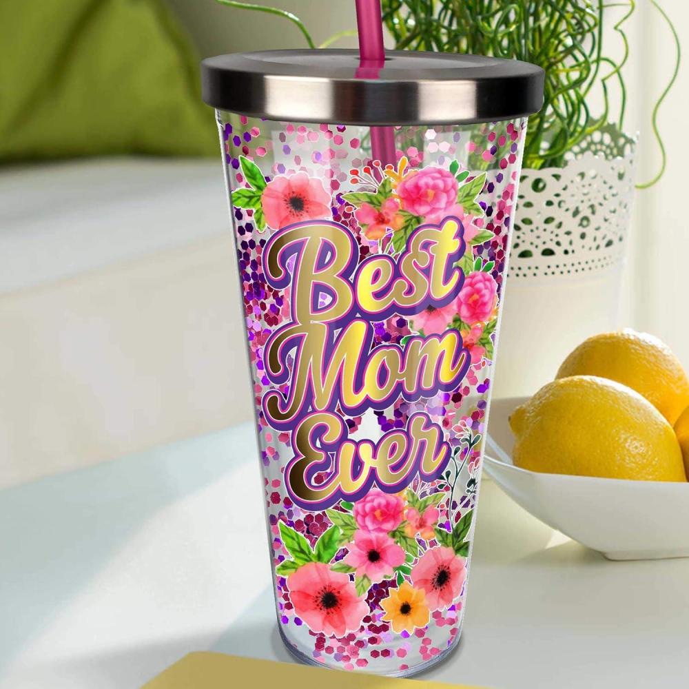 image:imageSpoontiques Glitter Filled Acrylic Tumbler Glitter Cup with Straw 20 oz Stainless Steel Locking Lid with Straw Double Wall Insulated BPA Free Best Mom Ever