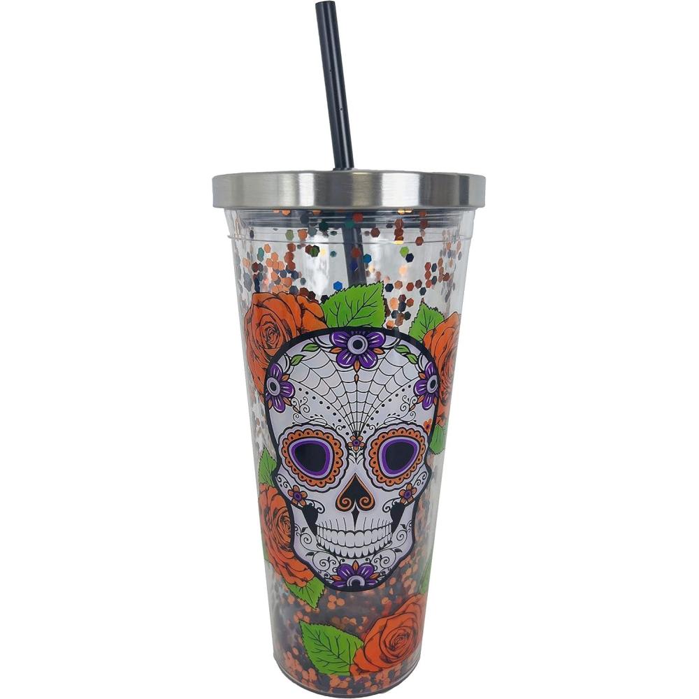 image:imageSpoontiques Glitter Filled Acrylic Tumbler Glitter Cup with Straw 20 oz Stainless Steel Locking Lid with Straw Double Wall Insulated BPA Free Sugar Skull Drinking Cup