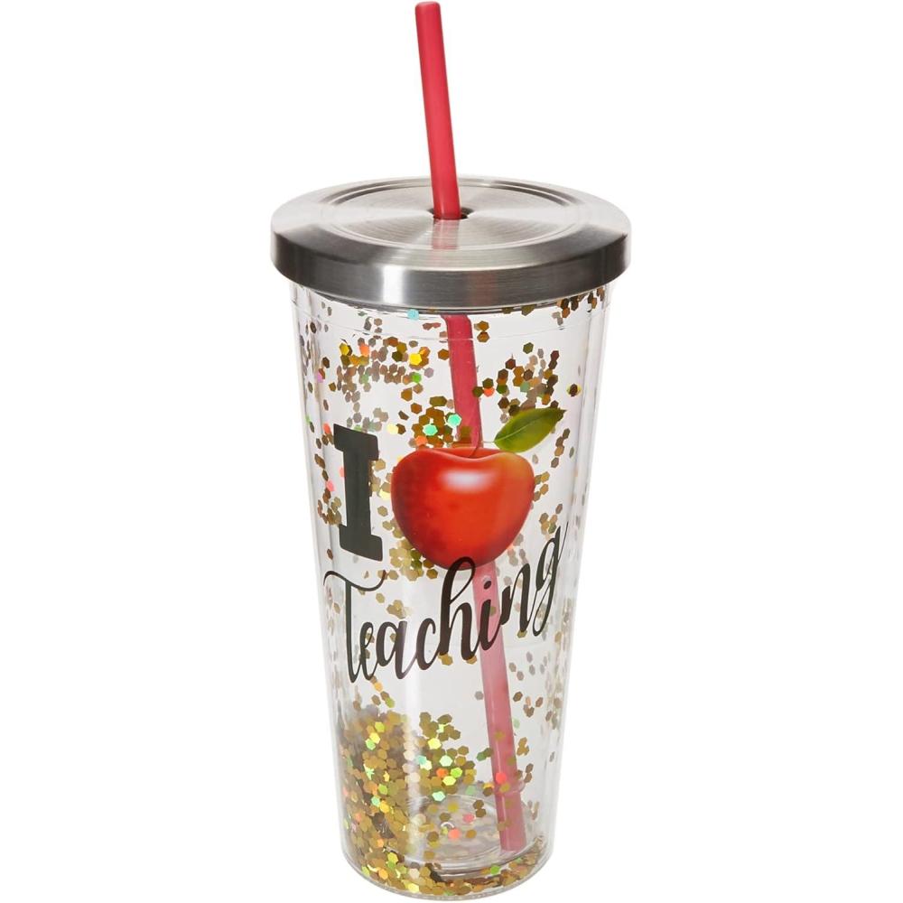 image:imageSpoontiques 21313 Teacher Glitter Cup with Straw Gold 20 ounces