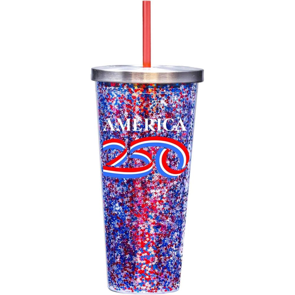 image:imageSpoontiques America 250 Glitter Cup  20oz Acrylic Foil Cup with Straw  Metallic Locking Lid  Double Wall Insulated and BPA Free