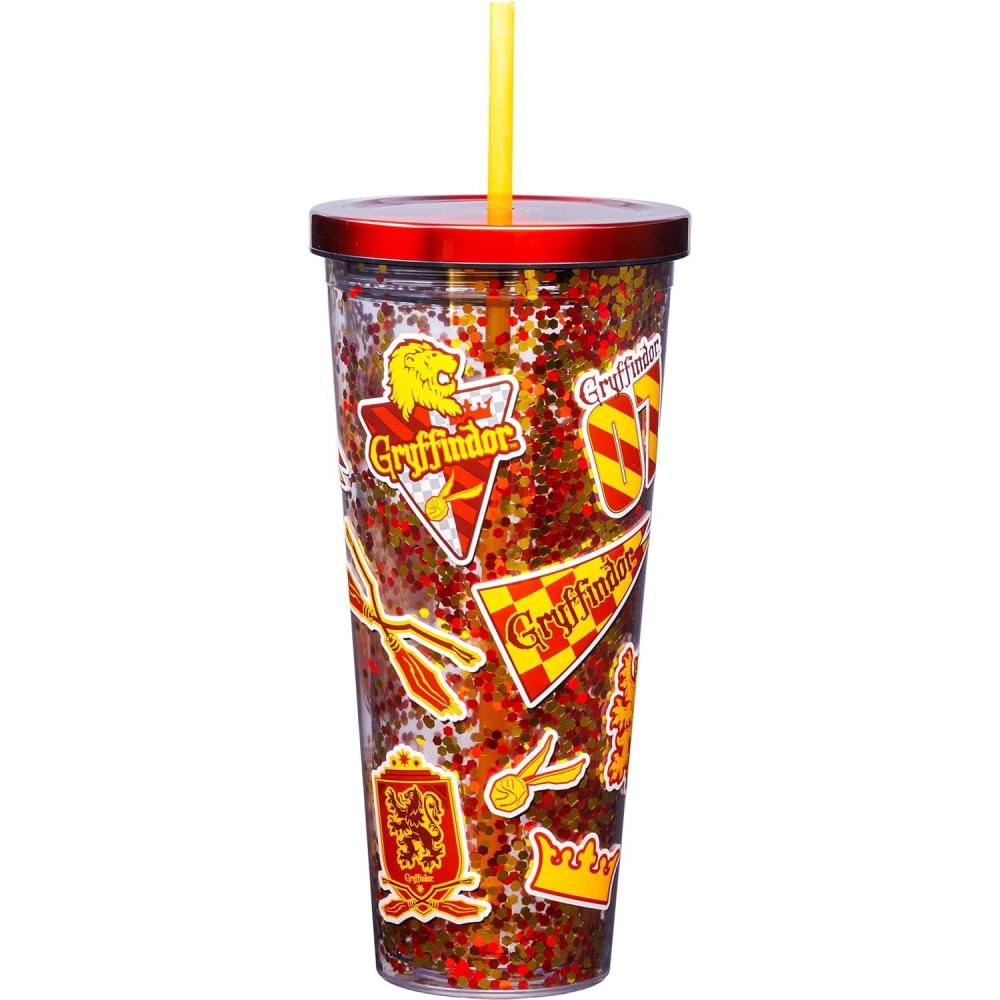 image:imageSpoontiques Large Harry Potter Glitter Cup Tumbler with Stainless Steel Lid and Straw 32 oz Acrylic Gryffindor