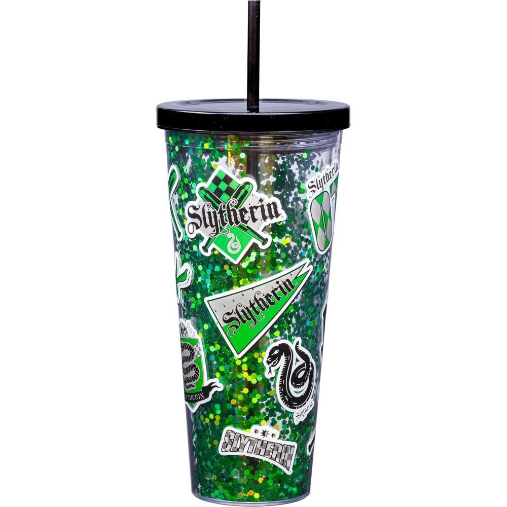 image:imageSpoontiques Large Harry Potter Glitter Cup Tumbler with Stainless Steel Lid and Straw 32 oz Acrylic Slytherin