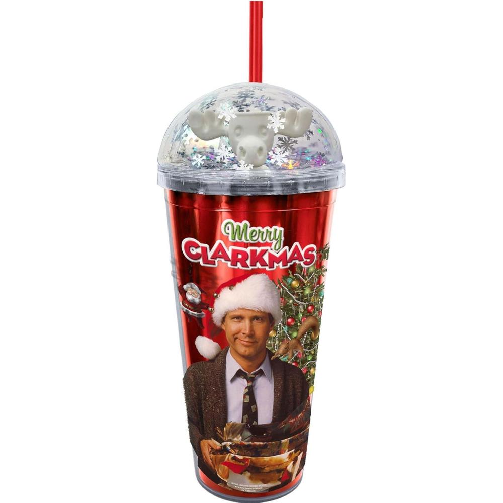 image:imageSpoontiques Merry Clarkmas Dome Top Acrylic Tumbler 20oz  GlitterFilled Dome Top with Enclosed Figurine amp Coordinating Reusable Straw  10 Tall Double Wall Insulated Travel CupMerry Clarkmas