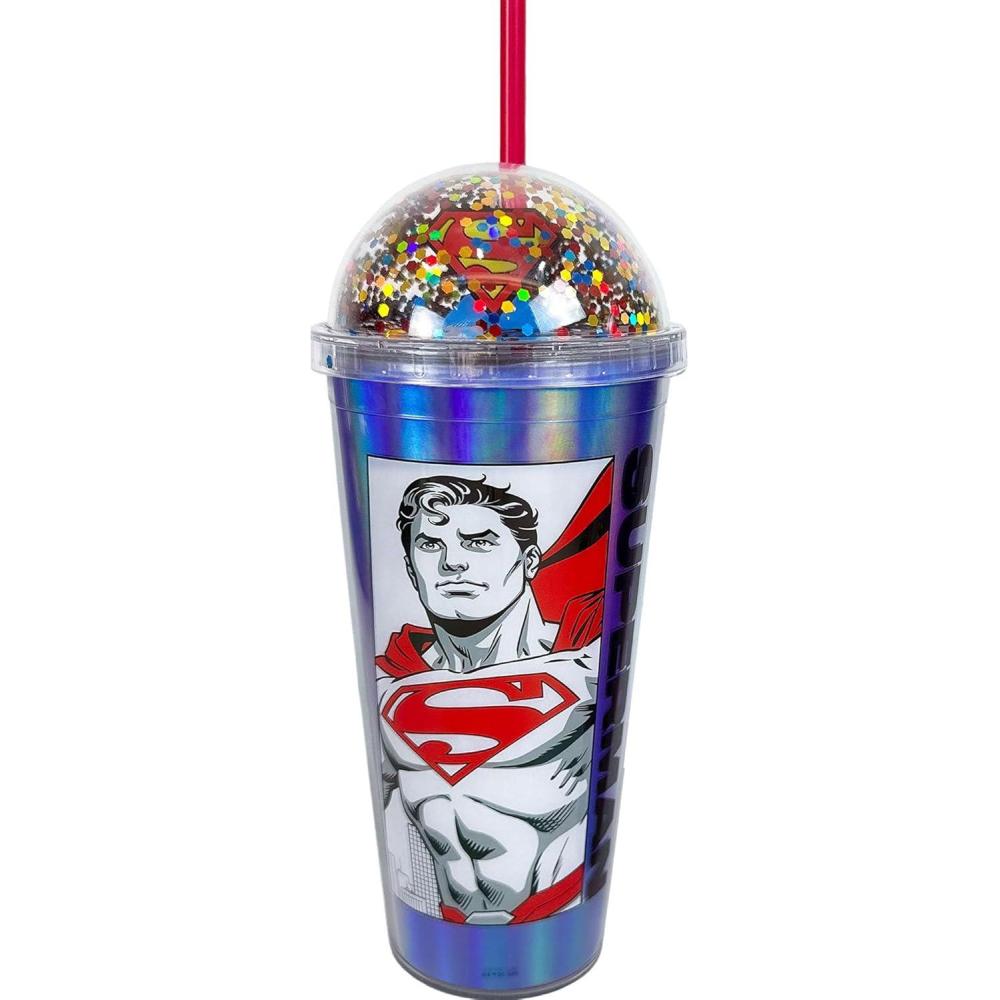 image:imageSpoontiques Superman Dome Top Acrylic Tumbler 20oz  GlitterFilled Dome Top with Enclosed Figurine amp Coordinating Reusable Straw  10 Tall Double Wall Insulated Travel Cup