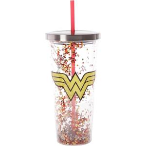 Spoontiques – 21337 Wonder Woman Logo Glitter Cup w/Straw, One Size, Red & Gold, 20 ounces