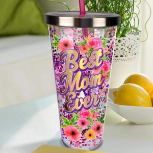 Spoontiques – Glitter Filled Acrylic Tumbler – Glitter Cup with Straw – 20 oz - Stainless Steel Locking Lid with Straw – Double Wall Insulated – BPA Free – Best Mom Ever