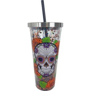 Spoontiques – Glitter Filled Acrylic Tumbler – Glitter Cup with Straw – 20 oz - Stainless Steel Locking Lid with Straw – Double Wall Insulated – BPA Free – Sugar Skull Drinking Cup