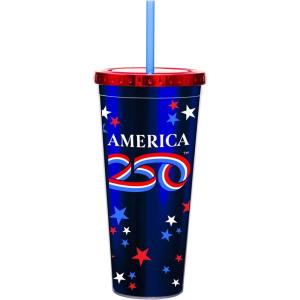 Spoontiques America 250 Foil Cup – 20oz Acrylic Foil Cup with Straw – Metallic Locking Lid – Double Wall Insulated and BPA Free