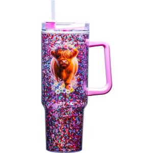 Spoontiques Highland Cow 40oz Acrylic Travel Mug – Double Wall Acrylic with Sliding Lock Travel Lid and Straw – 11″ Tall