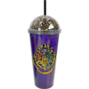 Spoontiques Hogwarts Dome Top Acrylic Tumbler, 20oz – Glitter-Filled Dome Top with Enclosed Figurine & Coordinating Reusable Straw – 10″ Tall Double Wall Insulated Travel Cup