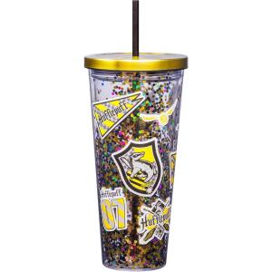 Spoontiques Large Harry Potter Glitter Cup Tumbler with Stainless Steel Lid and Straw – 32 oz – Acrylic – Hufflepuff