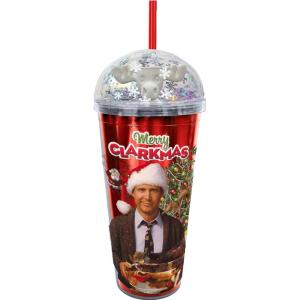 Spoontiques Merry Clarkmas Dome Top Acrylic Tumbler, 20oz – Glitter-Filled Dome Top with Enclosed Figurine & Coordinating Reusable Straw – 10″ Tall Double Wall Insulated Travel Cup(Merry Clarkmas)