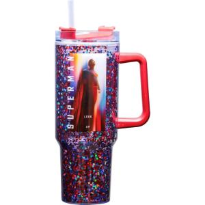 Spoontiques Superman Legacy 40oz Acrylic Travel Mug – Double Wall Acrylic with Sliding Lock Travel Lid and Straw – 11″ Tall