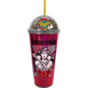 Spoontiques Wonder Woman Dome Top Acrylic Tumbler, 20oz – Glitter-Filled Dome Top with Enclosed Figurine & Coordinating Reusable Straw – 10″ Tall Double Wall Insulated Travel Cup
