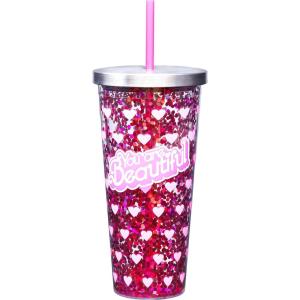 Spoontiques You Are Beautiful Glitter Cup Tumbler with Stainless Steel Lid and Straw – 20 oz – Acrylic – Multicolored