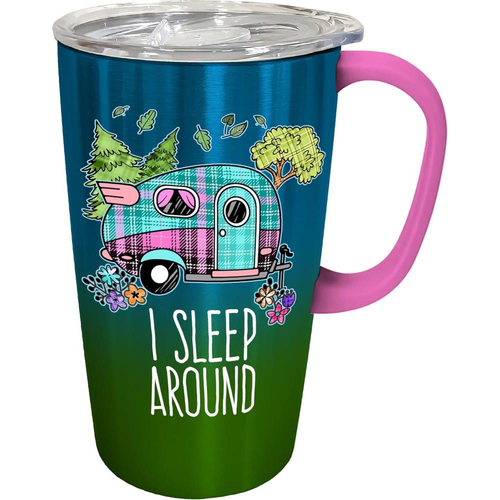image:imageSpoontiques Stainless Steel Travel Mug with Handle 18 oz Capacity Double Wall Stainless Steel with Sliding Lock Travel Lid 6 Tall I Sleep Around Stainless Travel Mug